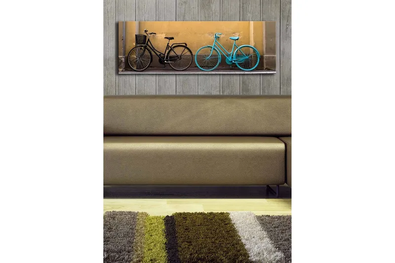 Lærredstryk med LED-belysning 30x90 cm - Cykler i kontrastfarver mod en gul væg - Sort / Turkis / Gul - Boligtilbehør - Billeder & kunst - Billeder på lærred
