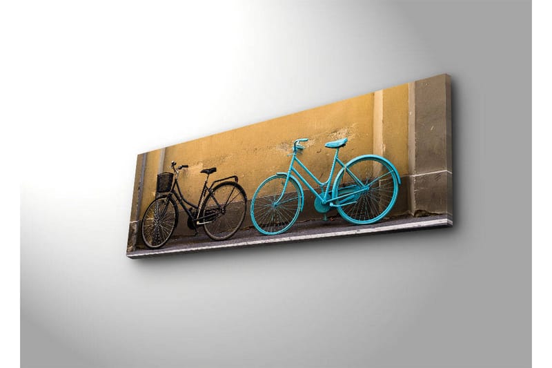 Lærredstryk med LED-belysning 30x90 cm - Cykler i kontrastfarver mod en gul væg - Sort / Turkis / Gul - Boligtilbehør - Billeder & kunst - Billeder på lærred