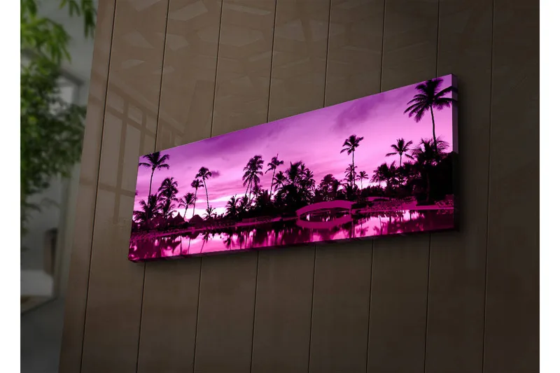 Lærredstryk med LED-belysning 30x90 cm - Drømmende strandscene med palmer i tusmørkelyset, Lilla / Sort