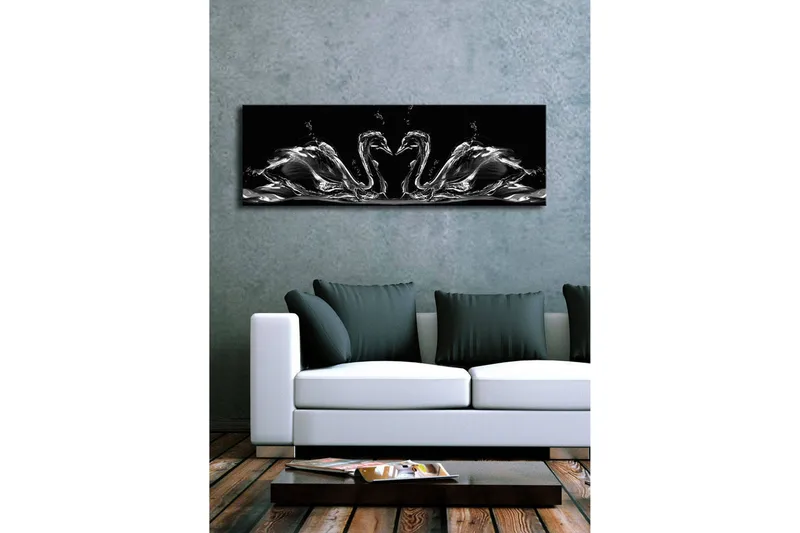 Lærredstryk med LED-belysning 30x90 cm - Elegante svaner i vandbevægelse - Sort / Hvid / Grå - Boligtilbehør - Billeder & kunst - Billeder på lærred