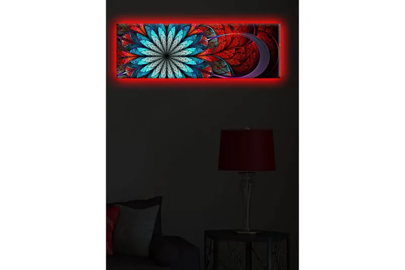 Lærredstryk med LED-belysning 30x90 cm - Farverig abstrakt komposition med blomsterlignende mønster - Rød / Turkis / Grå - Boligtilbehør - Billeder & kunst - Billeder på lærred