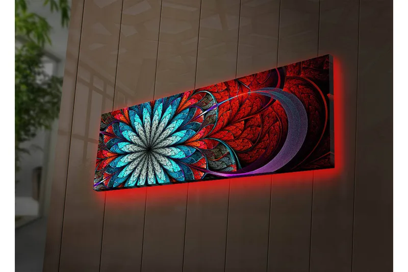 Lærredstryk med LED-belysning 30x90 cm - Farverig abstrakt komposition med blomsterlignende mønster - Rød / Turkis / Grå - Boligtilbehør - Billeder & kunst - Billeder på lærred
