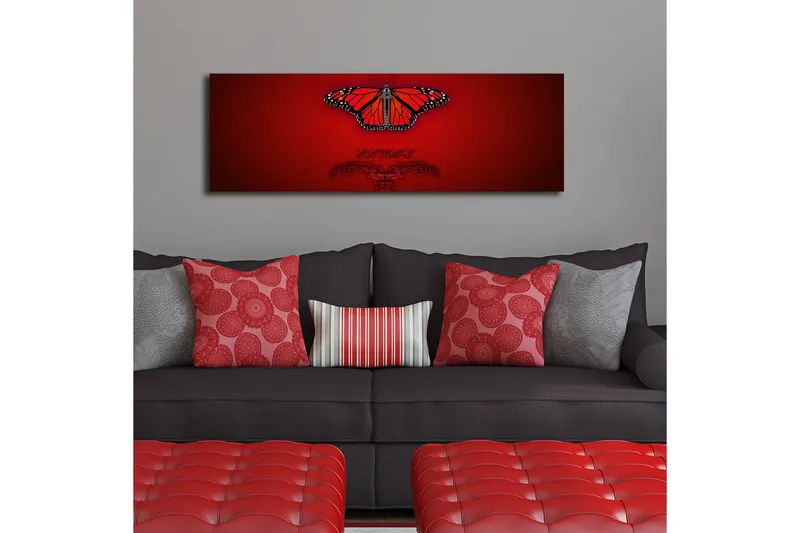 Lærredstryk med LED-belysning 30x90 cm - Farverig sommerfugl med detaljerede vinger - Rød / Sort / Orange - Boligtilbehør - Billeder & kunst - Billeder på lærred