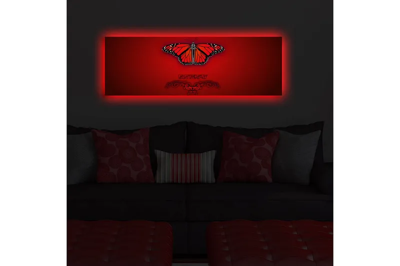 Lærredstryk med LED-belysning 30x90 cm - Farverig sommerfugl med detaljerede vinger - Rød / Sort / Orange - Boligtilbehør - Billeder & kunst - Billeder på lærred