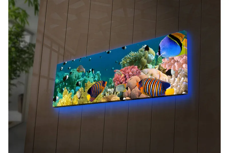Lærredstryk med LED-belysning 30x90 cm - Farverig undervandsscene med tropiske fisk og koraller - Blå / Gul / Lyserød - Boligtilbehør - Billeder & kunst - Billeder på lærred