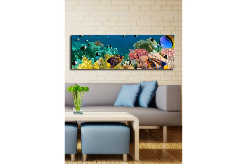Lærredstryk med LED-belysning 30x90 cm - Farverig undervandsscene med tropiske fisk og koraller - Blå / Gul / Lyserød - Boligtilbehør - Billeder & kunst - Billeder på lærred