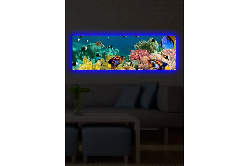 Lærredstryk med LED-belysning 30x90 cm - Farverig undervandsscene med tropiske fisk og koraller - Blå / Gul / Lyserød - Boligtilbehør - Billeder & kunst - Billeder på lærred