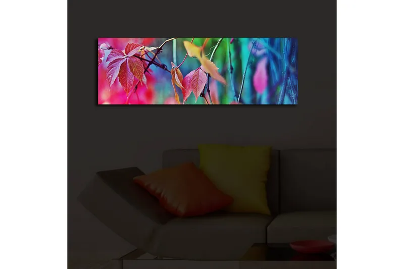 Lærredstryk med LED-belysning 30x90 cm - Farverige efterårsblade i en abstrakt komposition - Lyserød / Blå / Grøn - Boligtilbehør - Billeder & kunst - Billeder på lærred