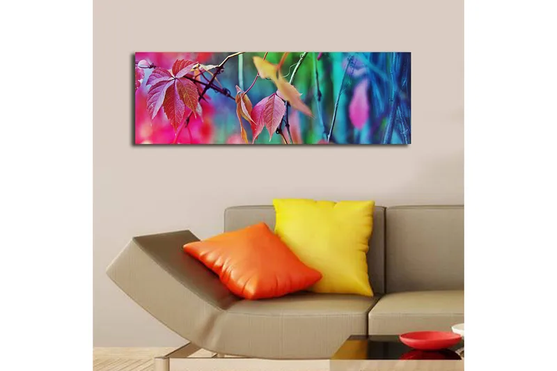 Lærredstryk med LED-belysning 30x90 cm - Farverige efterårsblade i en abstrakt komposition - Lyserød / Blå / Grøn - Boligtilbehør - Billeder & kunst - Billeder på lærred