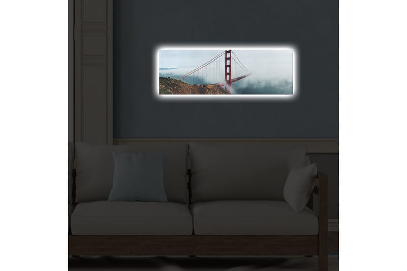 Lærredstryk med LED-belysning 30x90 cm - Golden Gate Bridge omgivet af tåge og hav - Rød / Grå / Blå - Boligtilbehør - Billeder & kunst - Billeder på lærred
