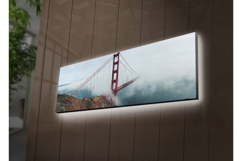 Lærredstryk med LED-belysning 30x90 cm - Golden Gate Bridge omgivet af tåge og hav - Rød / Grå / Blå - Boligtilbehør - Billeder & kunst - Billeder på lærred