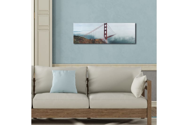Lærredstryk med LED-belysning 30x90 cm - Golden Gate Bridge omgivet af tåge og hav - Rød / Grå / Blå - Boligtilbehør - Billeder & kunst - Billeder på lærred
