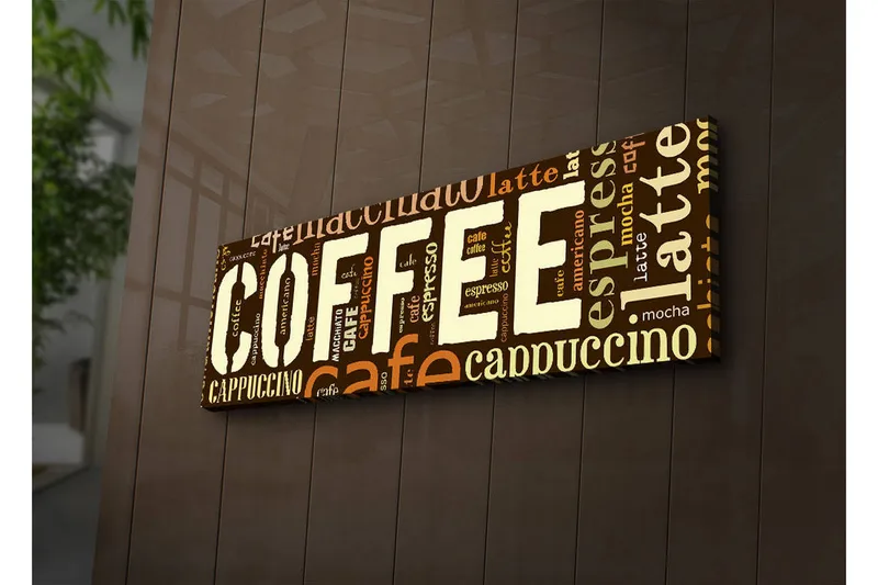 Lærredstryk med LED-belysning 30x90 cm - Kaffeinspireret kunstværk med forskellige kaffeudtryk i typografi - Mørkebrun / Lysebrun / Beige - Boligtilbehør - Billeder & kunst - Billeder på lærred