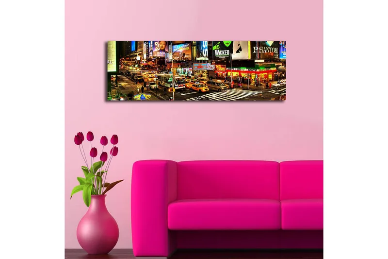 Lærredstryk med LED-belysning 30x90 cm - Livligt bybillede af Times Square med neonskilte og trafik - Gul / Grøn / Rød - Boligtilbehør - Billeder & kunst - Billeder på lærred