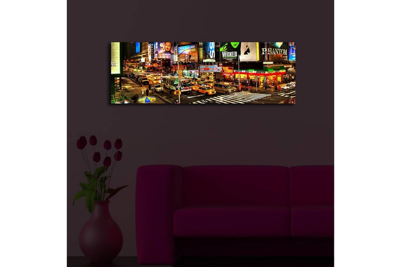 Lærredstryk med LED-belysning 30x90 cm - Livligt bybillede af Times Square med neonskilte og trafik - Gul / Grøn / Rød - Boligtilbehør - Billeder & kunst - Billeder på lærred
