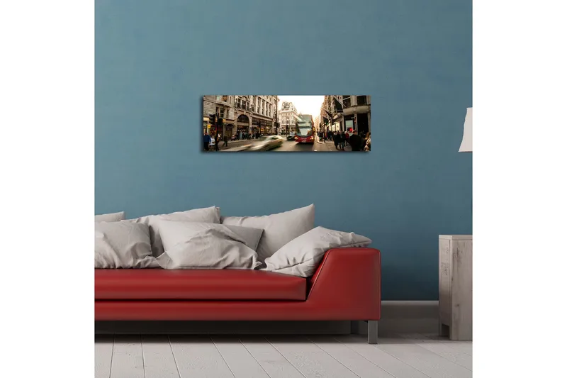 Lærredstryk med LED-belysning 30x90 cm - Livligt bybillede med bevægelse og mennesker på en gade - Rød / Beige / Grøn - Boligtilbehør - Billeder & kunst - Billeder på lærred