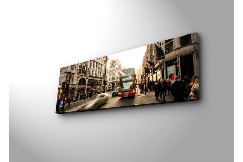 Lærredstryk med LED-belysning 30x90 cm - Livligt bybillede med bevægelse og mennesker på en gade - Rød / Beige / Grøn - Boligtilbehør - Billeder & kunst - Billeder på lærred