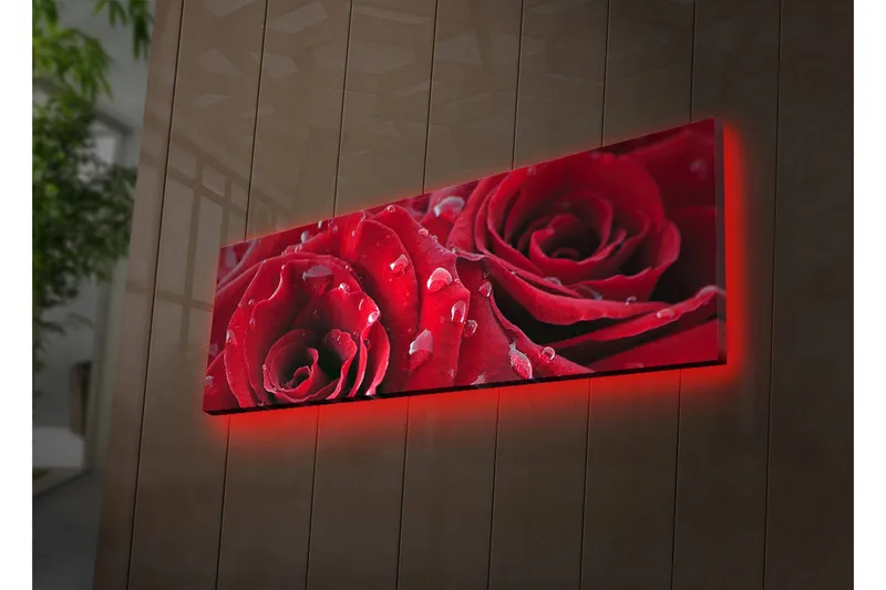 Lærredstryk med LED-belysning 30x90 cm - Mørkerøde roser med vanddråber, Rød / Grøn