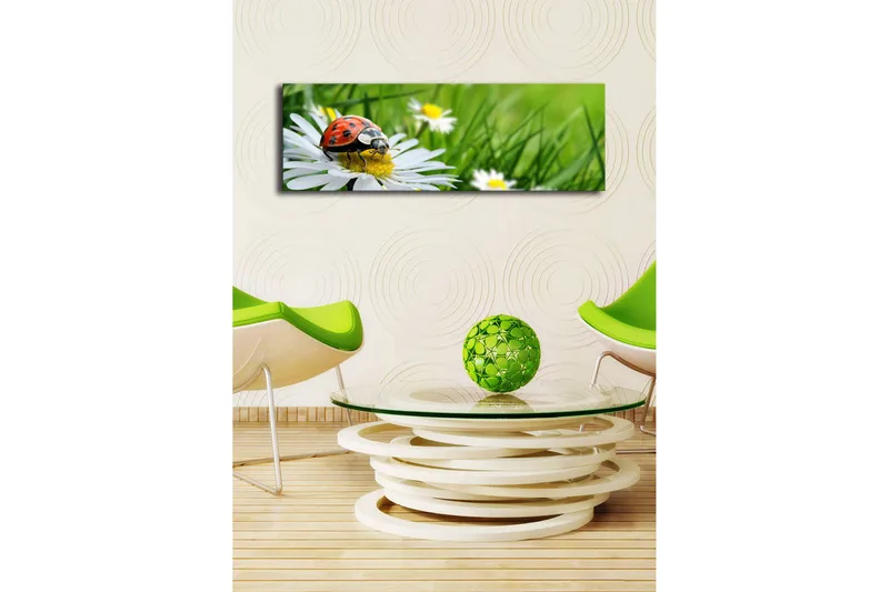 Lærredstryk med LED-belysning 30x90 cm - Mariehøne på en blomst i et frodigt miljø - Grøn / Hvid / Rød - Boligtilbehør - Billeder & kunst - Billeder på lærred