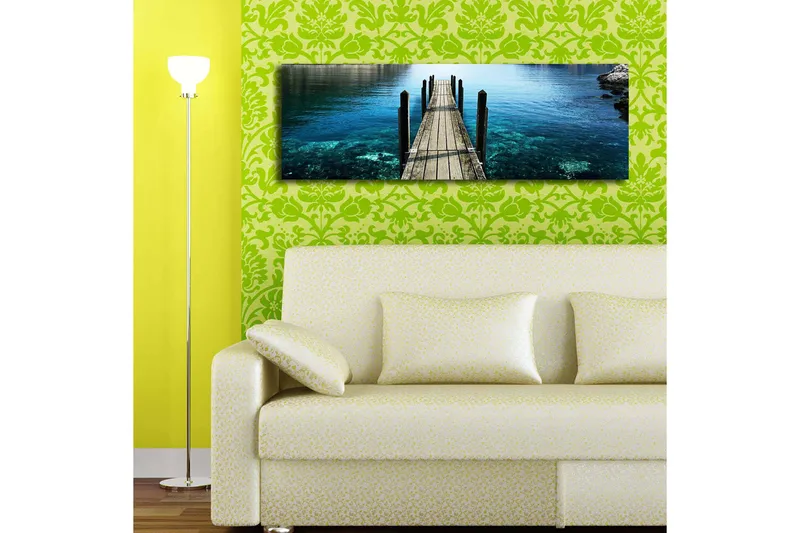 Lærredstryk med LED-belysning 30x90 cm - Mole der strækker sig over klart vand - Blå / Grøn / Brun - Boligtilbehør - Billeder &amp; kunst - Billeder på lærred