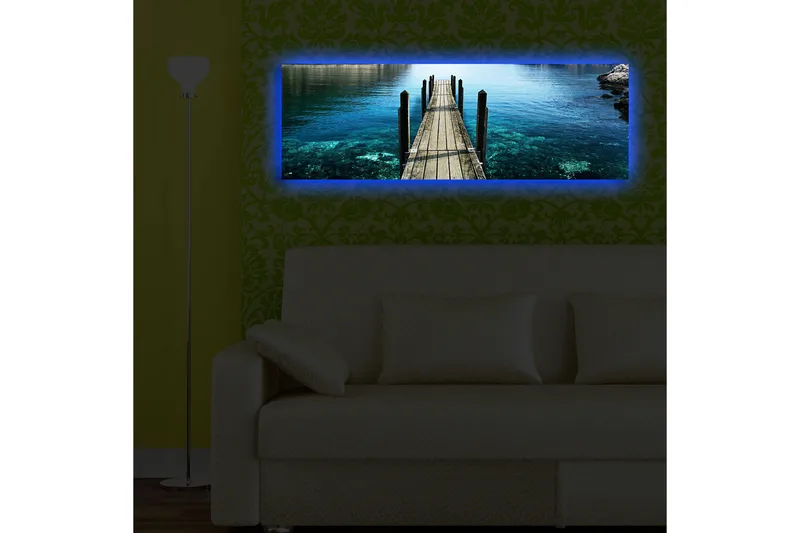 Lærredstryk med LED-belysning 30x90 cm - Mole der strækker sig over klart vand - Blå / Grøn / Brun - Boligtilbehør - Billeder &amp; kunst - Billeder på lærred