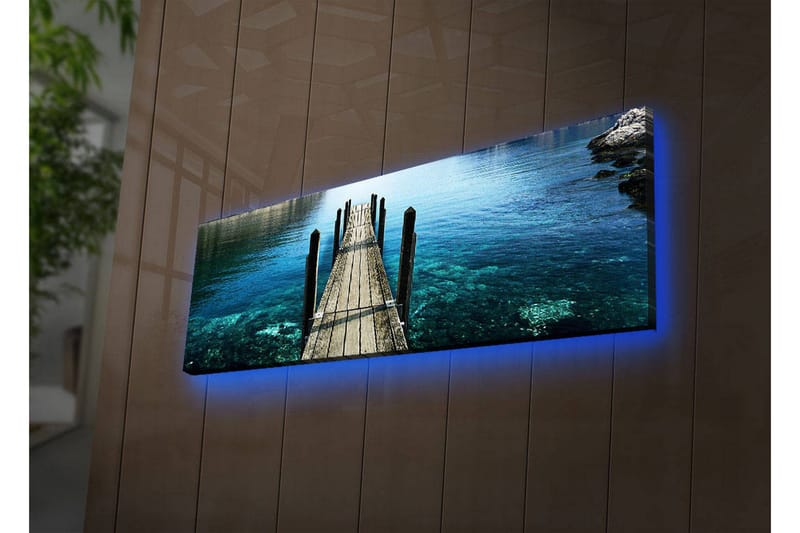 Lærredstryk med LED-belysning 30x90 cm - Mole der strækker sig over klart vand, Blå / Grøn / Brun