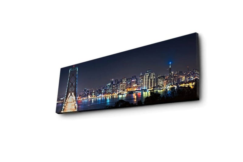 Lærredstryk med LED-belysning 30x90 cm - Natlandskab med en bro og silhuetter af skyskrabere - Mørkeblå / Lysegrøn / Hvid - Boligtilbehør - Billeder & kunst - Billeder på lærred
