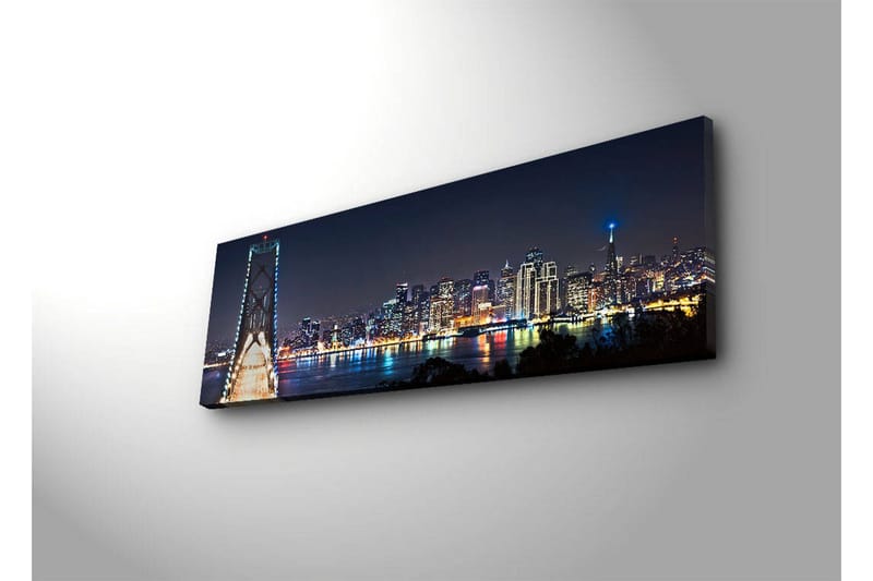 Lærredstryk med LED-belysning 30x90 cm - Natlandskab med en bro og silhuetter af skyskrabere - Mørkeblå / Lysegrøn / Hvid - Boligtilbehør - Billeder & kunst - Billeder på lærred