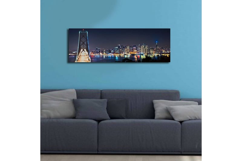 Lærredstryk med LED-belysning 30x90 cm - Natlandskab med en bro og silhuetter af skyskrabere - Mørkeblå / Lysegrøn / Hvid - Boligtilbehør - Billeder & kunst - Billeder på lærred