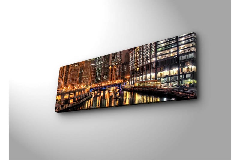 Lærredstryk med LED-belysning 30x90 cm - Natlandskab med refleksioner i vandet - Guld / Blå / Sort - Boligtilbehør - Billeder & kunst - Billeder på lærred