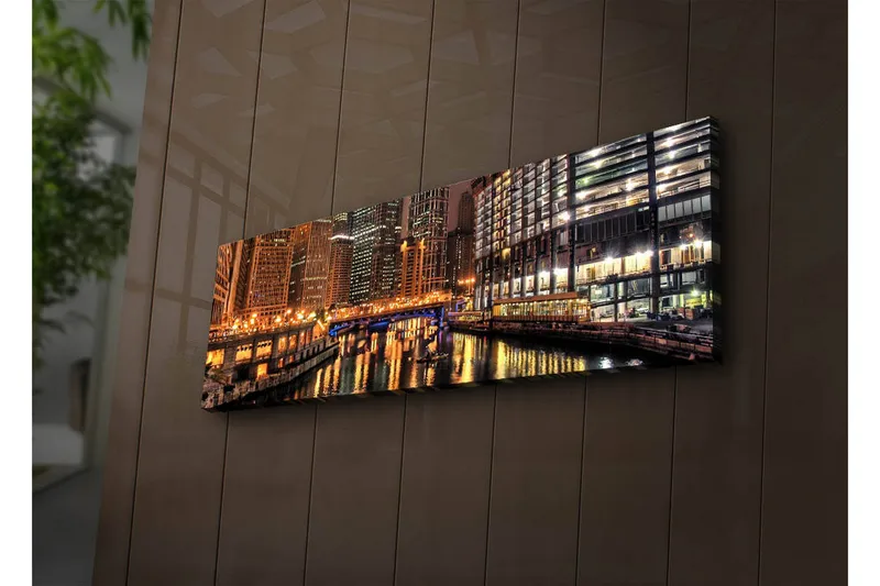 Lærredstryk med LED-belysning 30x90 cm - Natlandskab med refleksioner i vandet, Guld / Blå / Sort