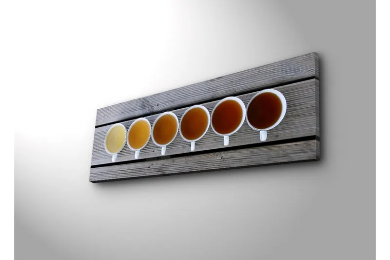 Lærredstryk med LED-belysning 30x90 cm - Række af kaffekopper med forskellige nuancer af drikke - Lys gul / Brun / Orange - Boligtilbehør - Billeder & kunst - Billeder på lærred