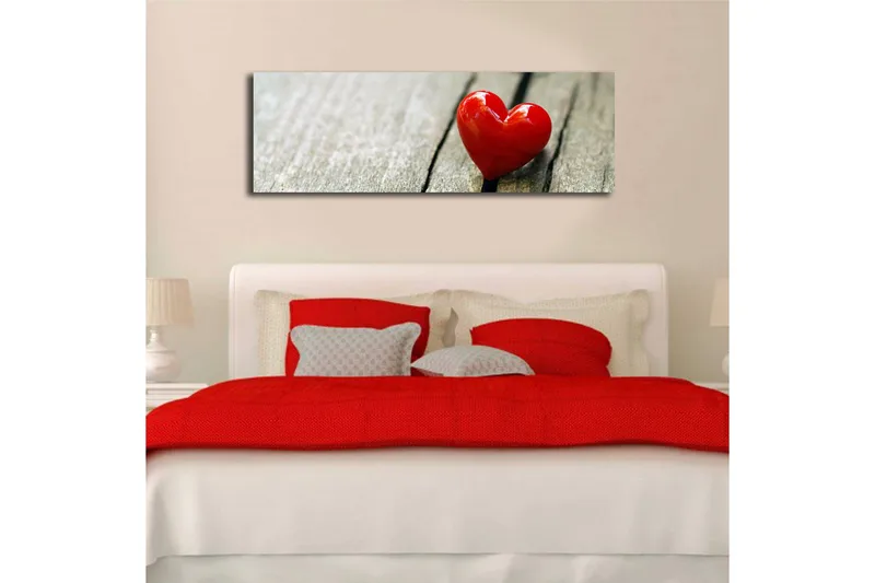 Lærredstryk med LED-belysning 30x90 cm - Rød hjerteformet dekoration på en træoverflade - Rød / Brun - Boligtilbehør - Billeder & kunst - Billeder på lærred