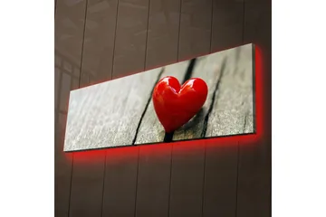 Lærredstryk med LED-belysning 30x90 cm - Rød hjerteformet dekoration på en træoverflade - Rød / Brun - Boligtilbehør - Billeder & kunst - Billeder på lærred