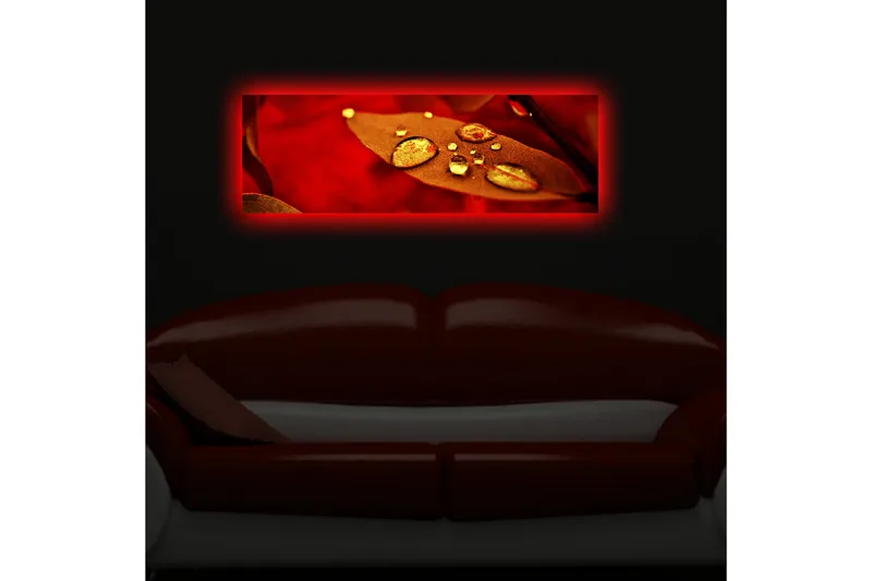 Lærredstryk med LED-belysning 30x90 cm - Rødt blad med funklende vanddråber - Rød / Guld / Brun - Boligtilbehør - Billeder & kunst - Billeder på lærred