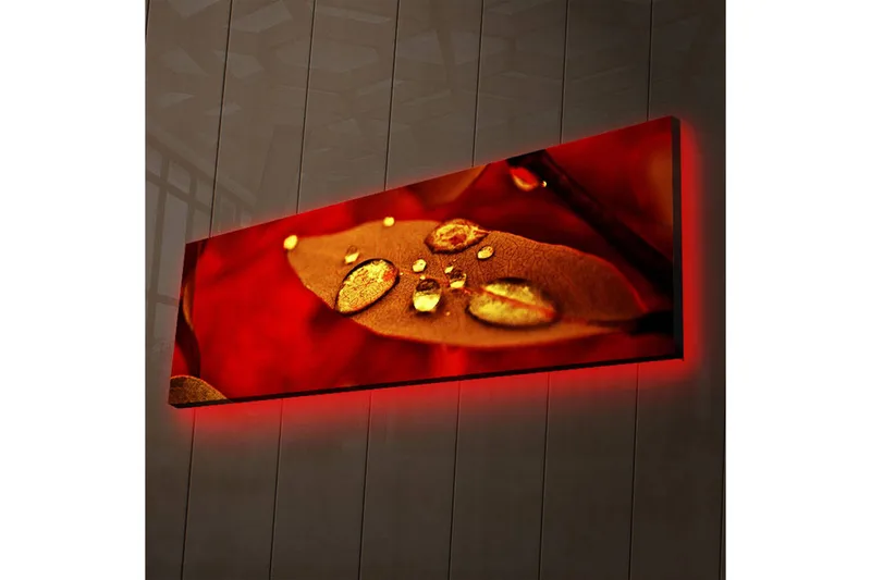 Lærredstryk med LED-belysning 30x90 cm - Rødt blad med funklende vanddråber - Rød / Guld / Brun - Boligtilbehør - Billeder & kunst - Billeder på lærred