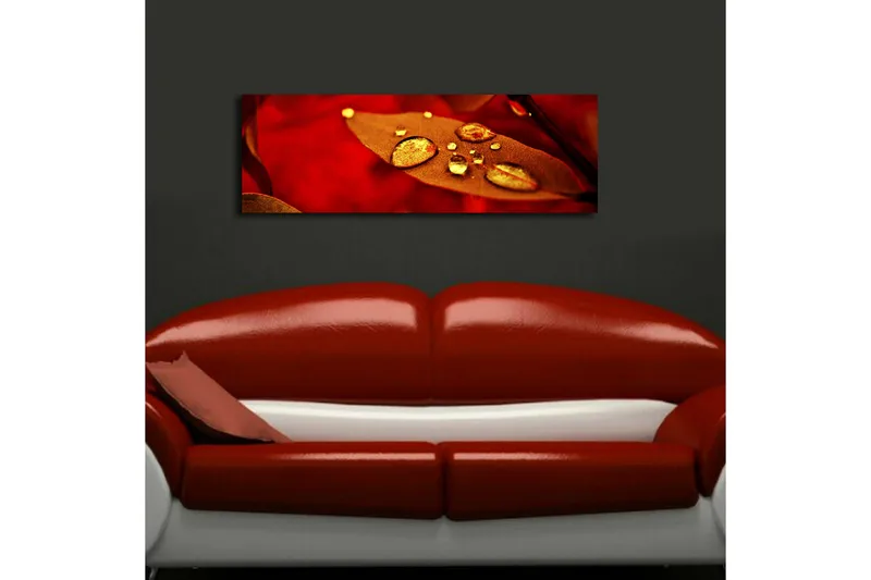 Lærredstryk med LED-belysning 30x90 cm - Rødt blad med funklende vanddråber - Rød / Guld / Brun - Boligtilbehør - Billeder & kunst - Billeder på lærred