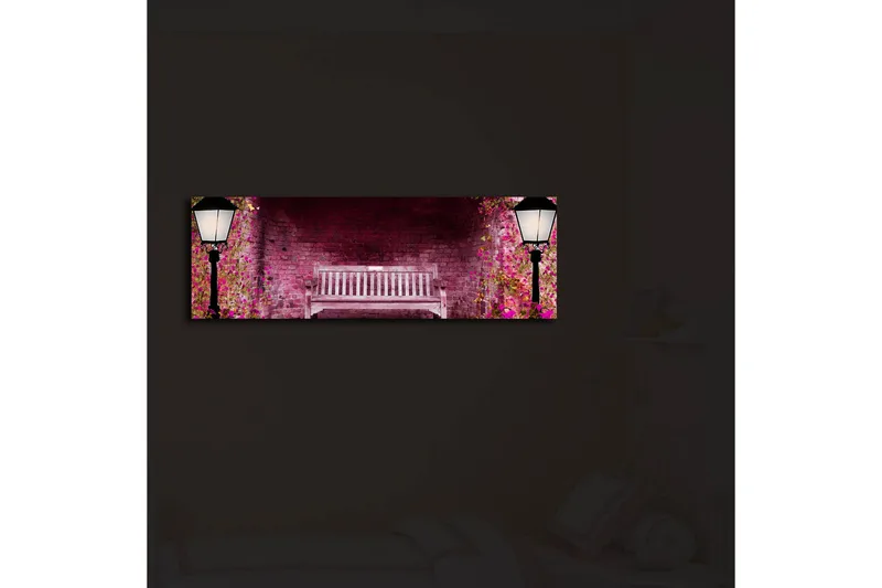Lærredstryk med LED-belysning 30x90 cm - Romantisk parkbænk omgivet af blomstrende planter - Lyserød / Grøn / Brun - Boligtilbehør - Billeder & kunst - Billeder på lærred