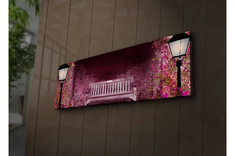 Lærredstryk med LED-belysning 30x90 cm - Romantisk parkbænk omgivet af blomstrende planter - Lyserød / Grøn / Brun - Boligtilbehør - Billeder & kunst - Billeder på lærred