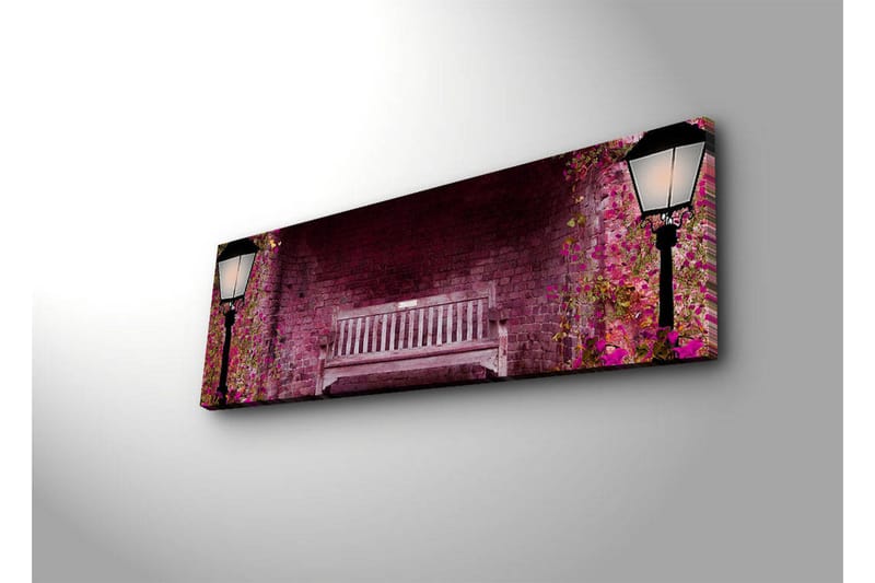 Lærredstryk med LED-belysning 30x90 cm - Romantisk parkbænk omgivet af blomstrende planter - Lyserød / Grøn / Brun - Boligtilbehør - Billeder & kunst - Billeder på lærred