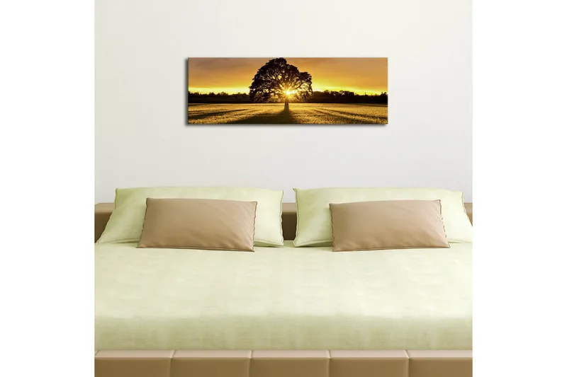 Lærredstryk med LED-belysning 30x90 cm - Silhuet af et træ mod en gylden solnedgang - Guld / Sort / Grøn - Boligtilbehør - Billeder & kunst - Billeder på lærred