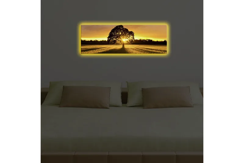 Lærredstryk med LED-belysning 30x90 cm - Silhuet af et træ mod en gylden solnedgang - Guld / Sort / Grøn - Boligtilbehør - Billeder & kunst - Billeder på lærred