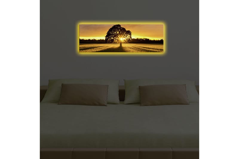 Lærredstryk med LED-belysning 30x90 cm - Silhuet af et træ mod en gylden solnedgang - Guld / Sort / Grøn - Boligtilbehør - Billeder & kunst - Billeder på lærred