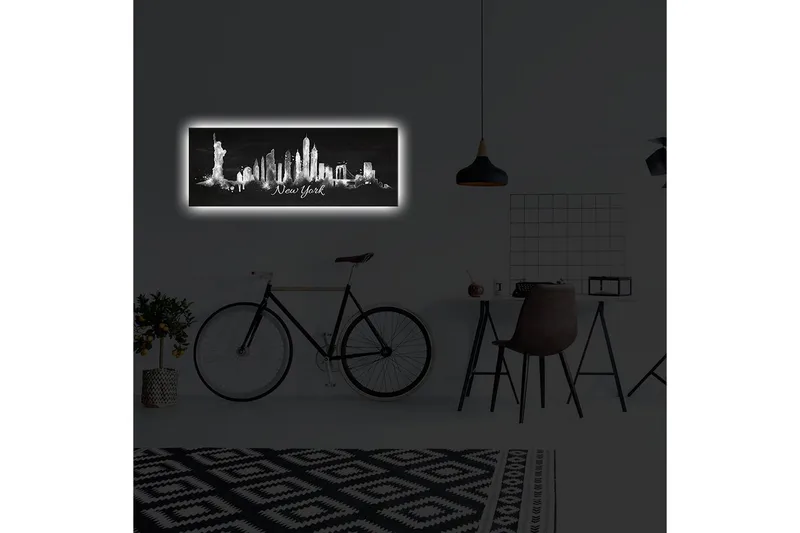 Lærredstryk med LED-belysning 30x90 cm - Silhuet af New Yorks skyline med ikoniske bygninger - Sort / Hvid - Boligtilbehør - Billeder & kunst - Billeder på lærred