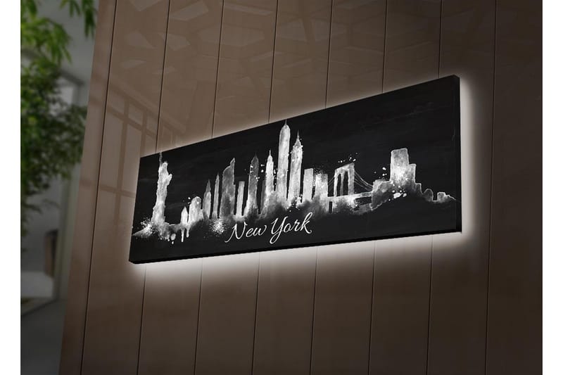 Lærredstryk med LED-belysning 30x90 cm - Silhuet af New Yorks skyline med ikoniske bygninger, Sort / Hvid