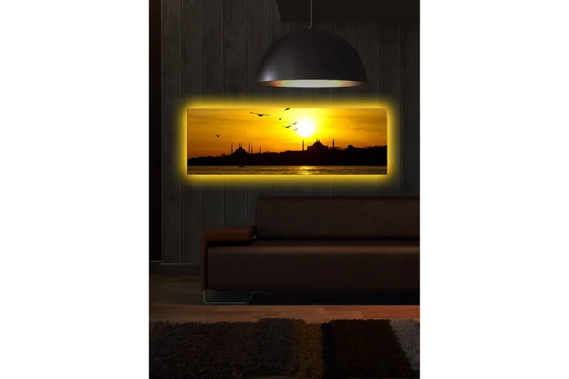 Lærredstryk med LED-belysning 30x90 cm - Solnedgang over en bys skyline med fugle i flugt - Guld / Sort / Orange - Boligtilbehør - Billeder & kunst - Billeder på lærred