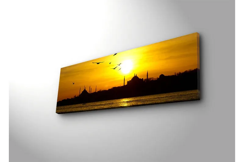 Lærredstryk med LED-belysning 30x90 cm - Solnedgang over en bys skyline med fugle i flugt - Guld / Sort / Orange - Boligtilbehør - Billeder & kunst - Billeder på lærred