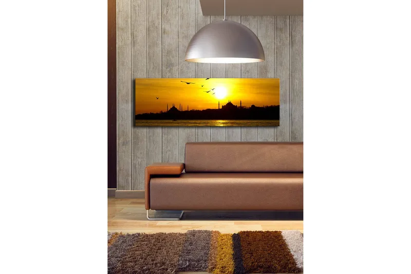 Lærredstryk med LED-belysning 30x90 cm - Solnedgang over en bys skyline med fugle i flugt - Guld / Sort / Orange - Boligtilbehør - Billeder & kunst - Billeder på lærred
