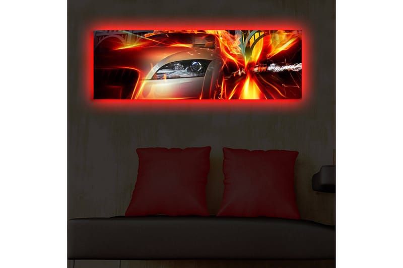 Lærredstryk med LED-belysning 30x90 cm - Sportsvogn i bevægelse med dynamiske lyseffekter - Rød / Orange / Sort - Boligtilbehør - Billeder & kunst - Billeder på lærred