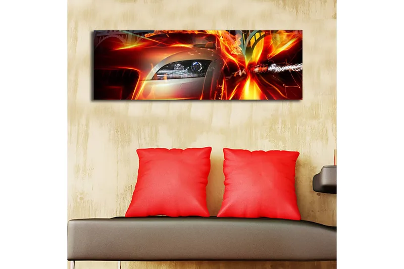 Lærredstryk med LED-belysning 30x90 cm - Sportsvogn i bevægelse med dynamiske lyseffekter - Rød / Orange / Sort - Boligtilbehør - Billeder & kunst - Billeder på lærred